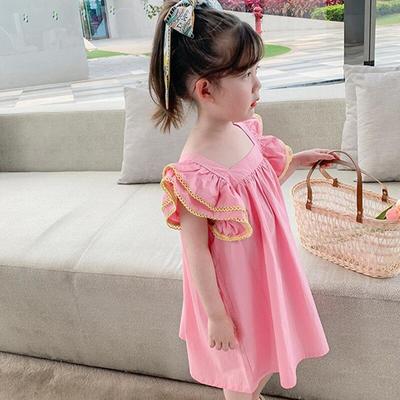 Summer Kids Toddler Girls Sweet Casual Dress Petal Tiered Puff  Sleeve Beach Dresses Children Party Straight Dress 2-7Y