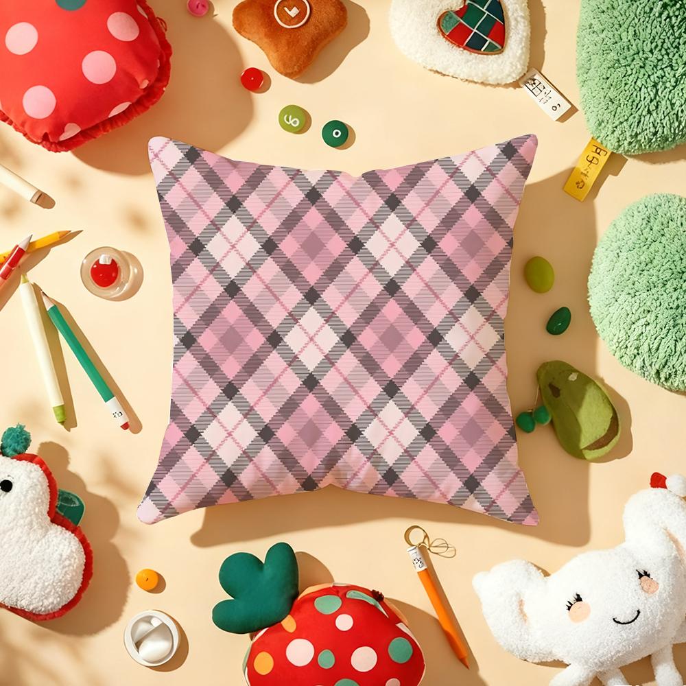 Classic Pink Plaid Cushion Cover Soft Short Plush DoubleSided Printing Home Decor Machine Washable Pillow Case Gift