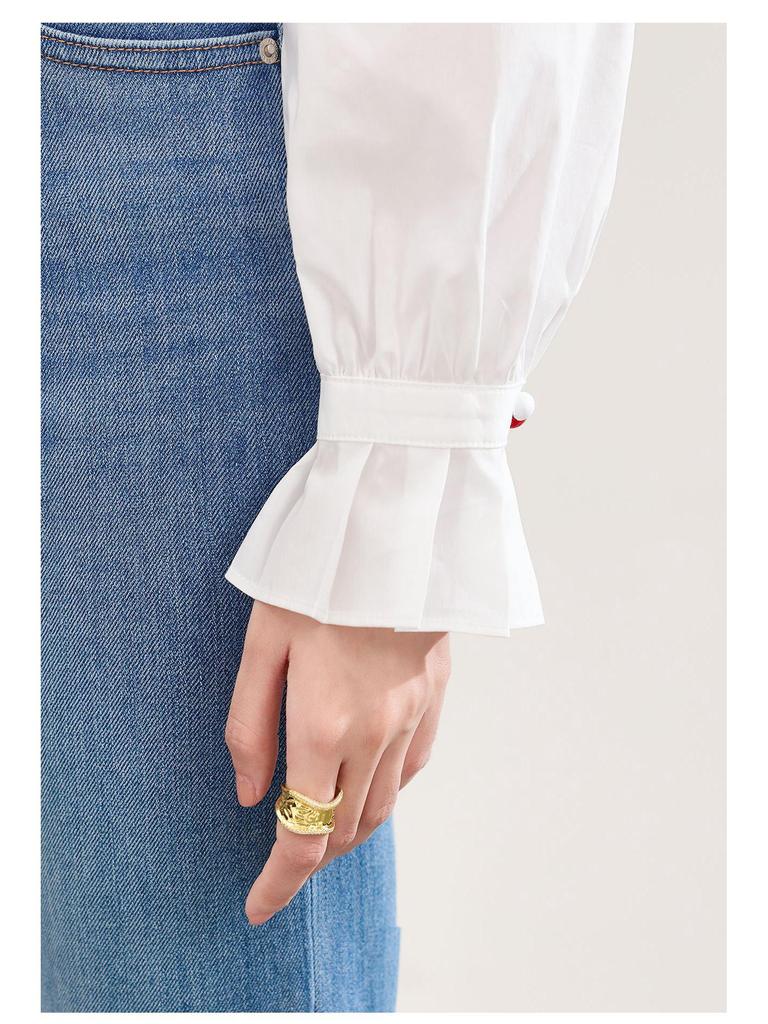 Damen Hemd aus reiner Baumwolle mit französischem Rüschenbesatz - Frühlings-Oberteil mit Micro-Flare Langarm