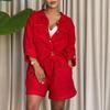 Women's 2 Piece Casual Outfit Oversized Long Sleeve Turn Down Collar Shirt and Drawstring Shorts Set