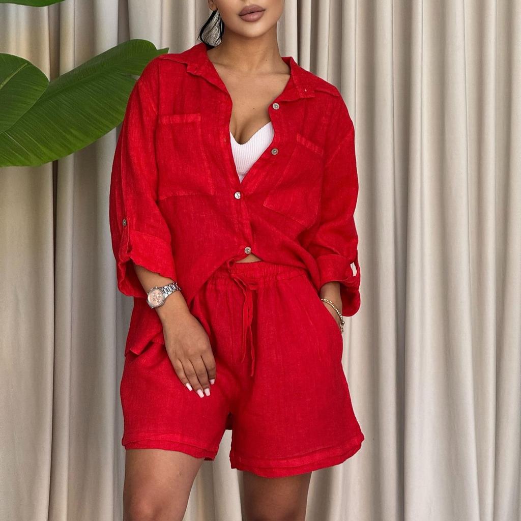 Women's 2 Piece Casual Outfit Oversized Long Sleeve Turn Down Collar Shirt and Drawstring Shorts Set
