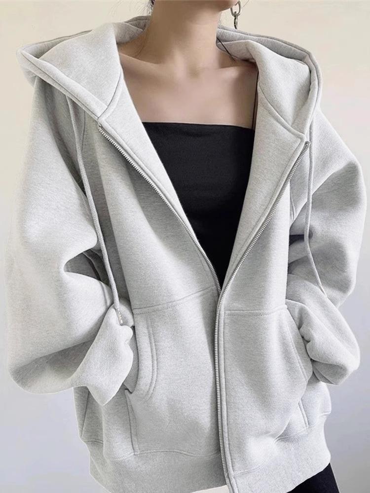 Solid Color Women's Hooded Fleece-Lined Cardigan Jacket - American Retro Lazy Style for 2025 Autumn/Winter