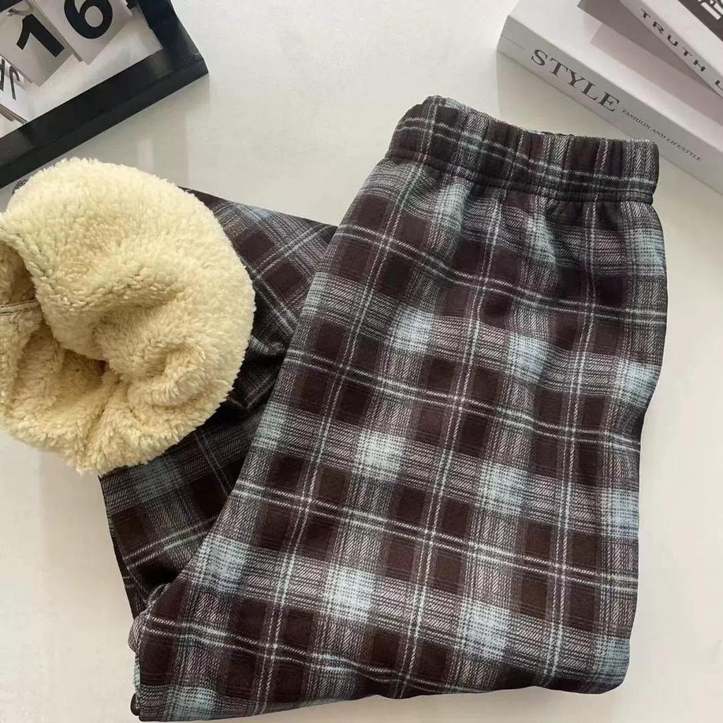 Women's Lambswool Plaid Fleece-Lined High-Waisted Loose Straight-Leg Wide-Leg Pants for Autumn/Winter 2025