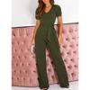Damen Jumpsuit mit kurzen Ärmeln, V-Ausschnitt, hoher Taille, einfarbig, lässig, weites Bein, mit Gürtel