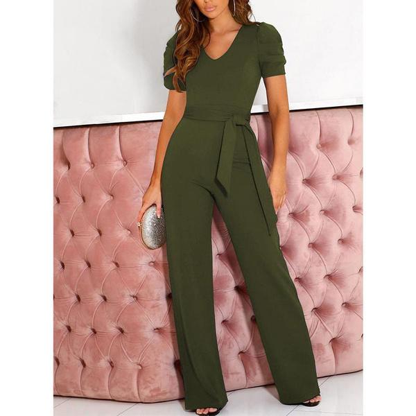 Damen Jumpsuit mit kurzen Ärmeln, V-Ausschnitt, hoher Taille, einfarbig, lässig, weites Bein, mit Gürtel