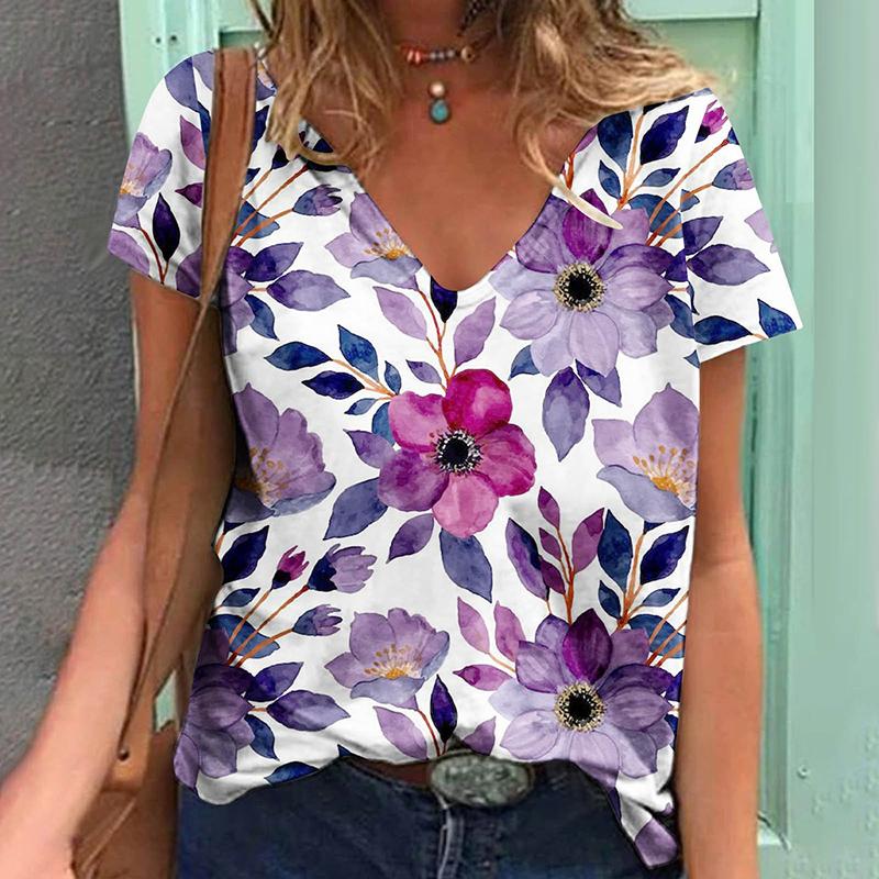 

Футболка большого размера, женская футболка с принтом роз, коротким рукавом, V-образным вырезом, средней эластичности 7XL