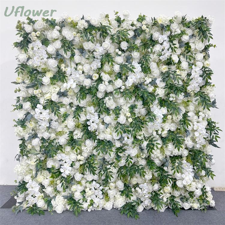 Uflower 5D White & Green Artificial Flowers Wall Roll-Up Burgundy Floral Wedding Curtain Decorative Event Backdrop