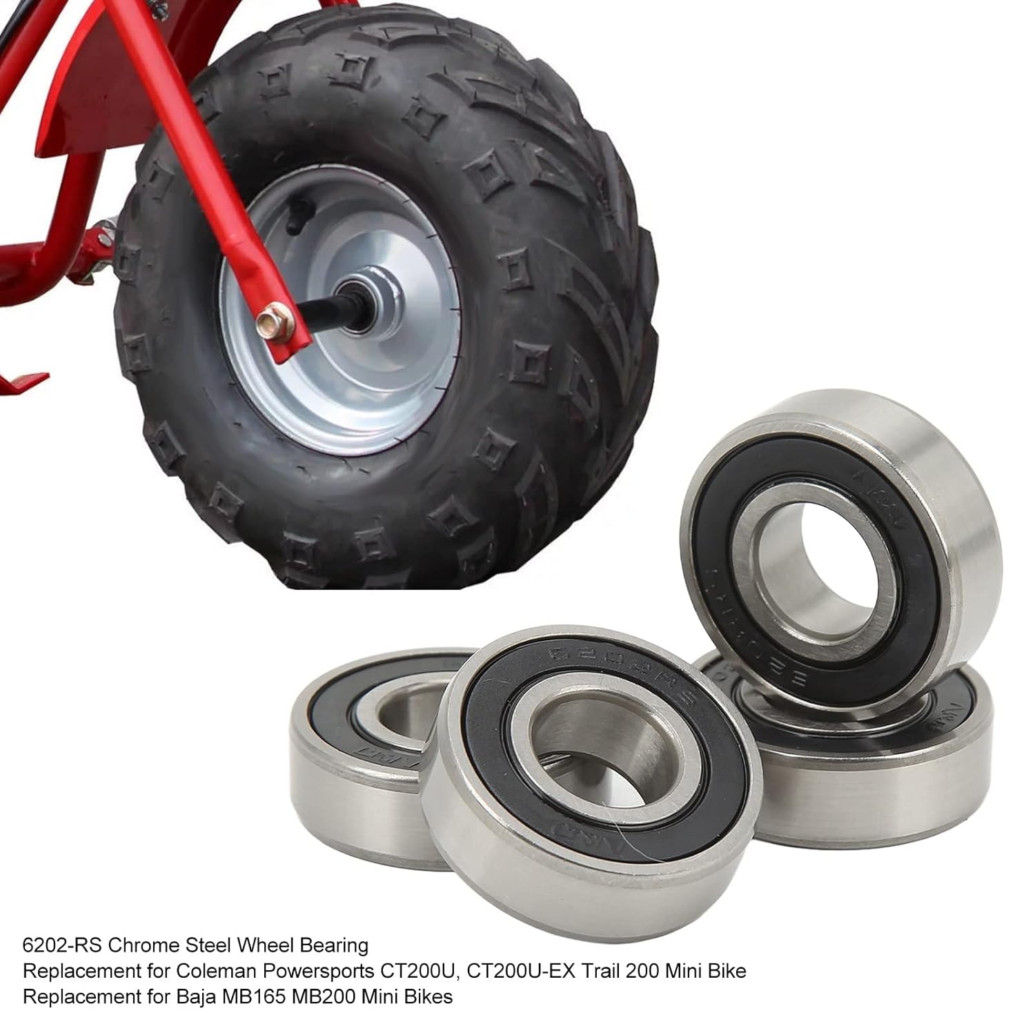 4PCs Front and Rear Wheel Bearing, 6202?RS Chrome Steel Bearing Set Replacement for Powersports CT200U CT200U EX Trail 200 Mini Bike Accessory