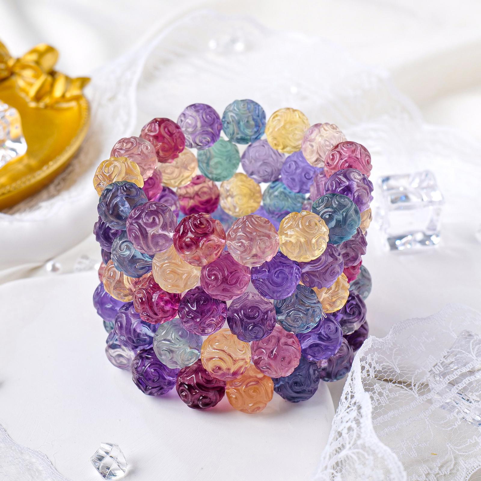 Natural Crystal Fluorite Patterned Beads Bracelet DIY Energy Healing Crystal  Gift Promotion One Size