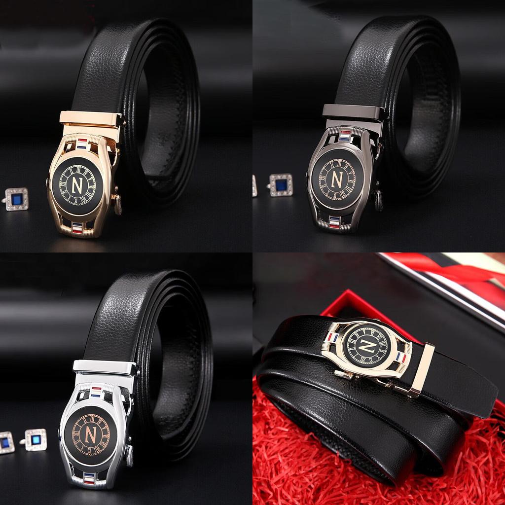 Leather Belt Versatile With Compass Alloy Automatic Buckle For Attire Business