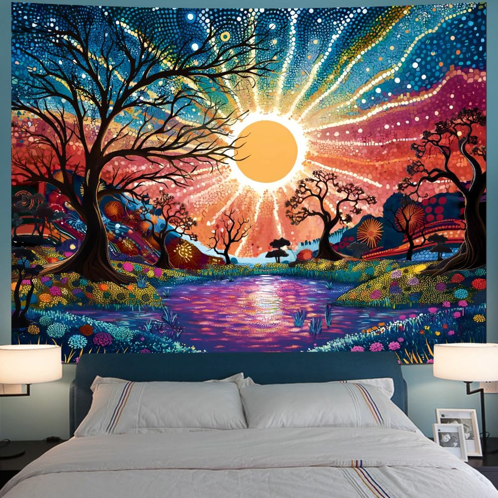 Serborlur Tree of Life Tapestry Trippy Sun Forest Tapestries Colorful Starry Sky Tapestries Hippie Nature Landscape Wall Tapestry Aesthetic Vintage