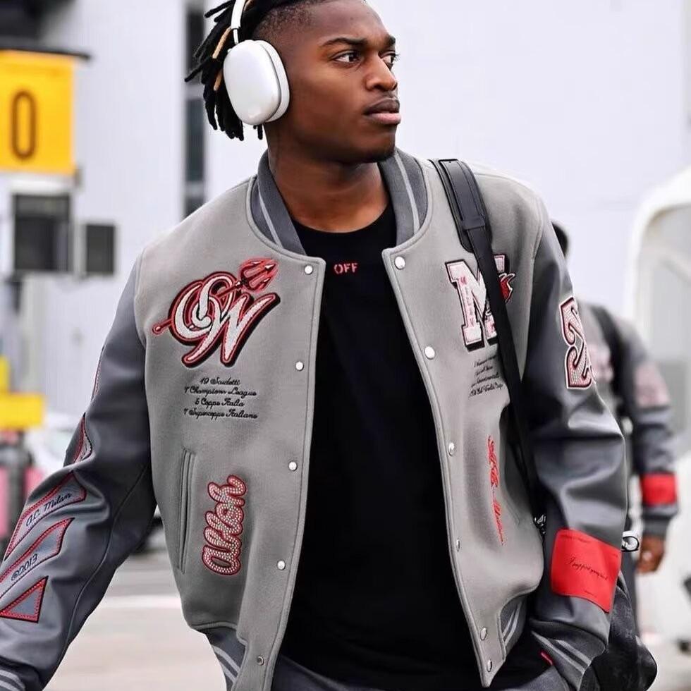 Tide Brand AC Milan Embroidered Leather-Sleeve Versatile Baseball Jacket