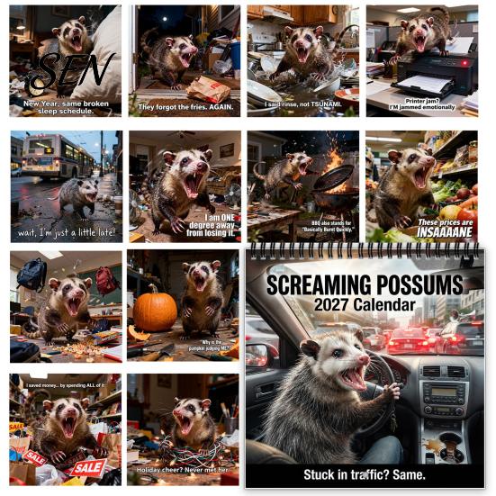 Funny Animal Monthly Planner Screaming Opossums Wall Calendar 2027, Possum Photography with Novelty Gift for Friends 12 Month Layout And Thick