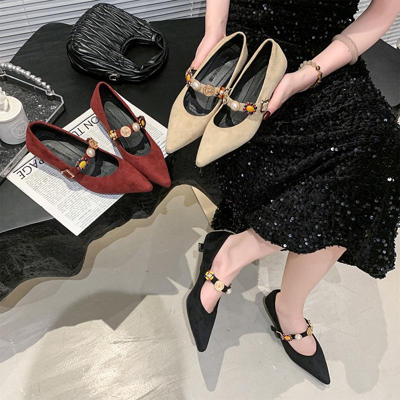 French Pointed Head Shallow Mouth Single Shoes Women's 2025 New Spring and Autumn Retro Suede Mary Jane Women's Shoes with Skirt High Heels