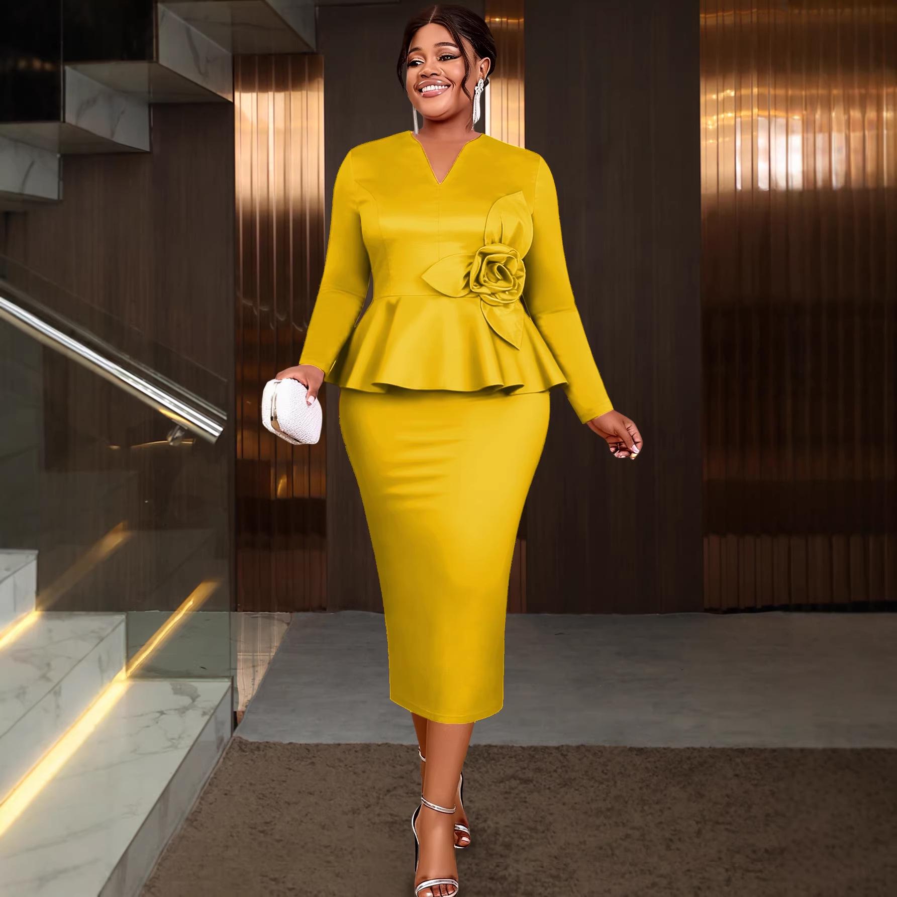 

Plus Size 3D Floral Ruffle Sleeve Slimming Dress 4XL жовтий