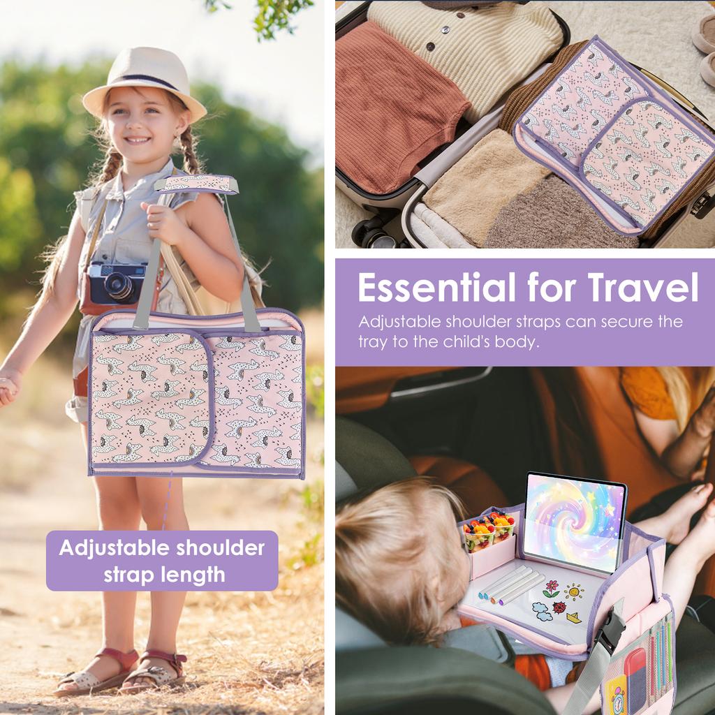 Carseat Table Tray for Kids Polyester Toddler Travel Lap Desk and Organizer with Padded Shoulder Strap Baby Safety Seat Fence