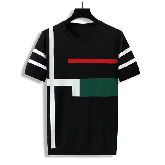 

2025 Персонализированная Лоскутная Полосатая Тонкая Футболка с Коротким Рукавом и Круглым Вырезом Универсальный Летний Новый Мужской Трикотаж 3XL чёрный