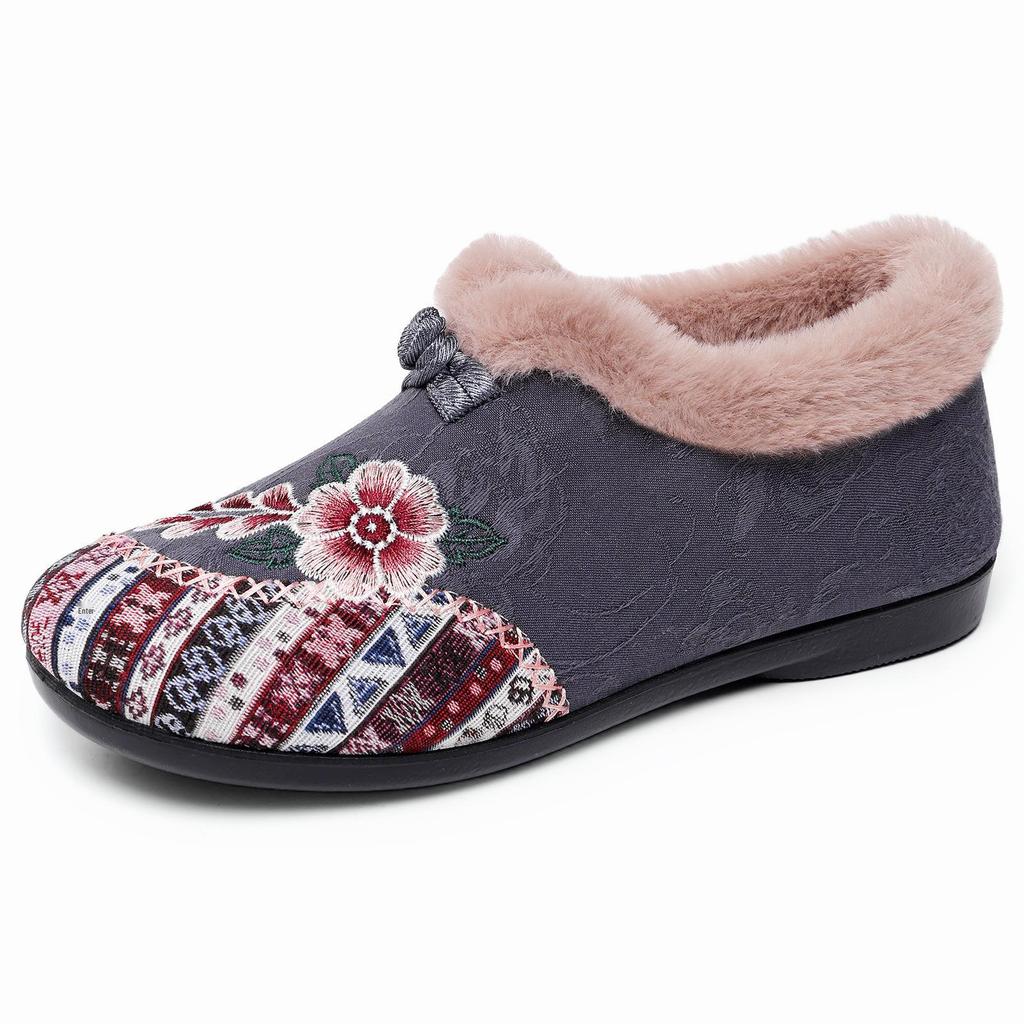 Damen Bestickte Samt Slipper Baumwolle Winterschuhe, Ethnischer Stil, Übergröße, Pelzig