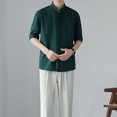 Chemise pour hommes, nouveau style chinois, col montant, couleur unie, ample, manches mi-longues, tenue décontractée au quotidien, haut de bureau mi-long