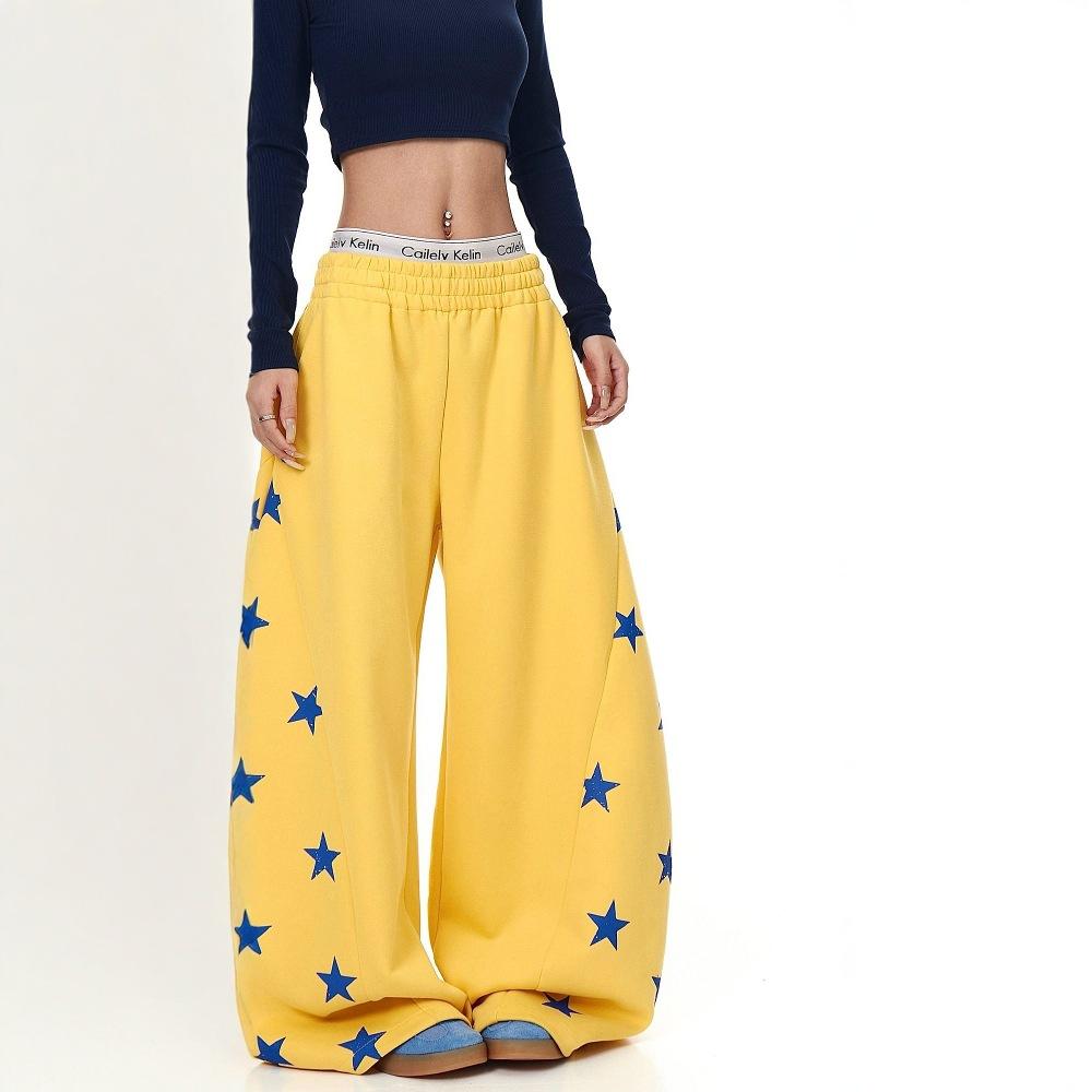 Korean retro contrasting color star printing scimitar sweatpants women's spring and autumn new jazz dance loose wide-leg long pants tide