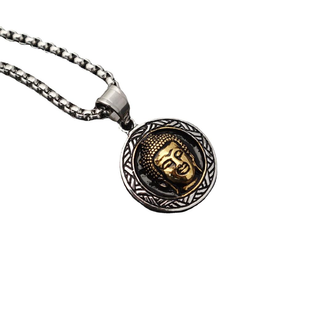 Retro Men's Pendant Trendy Men Domineering Steel Pendant Round Golden Buddha Head Pendant