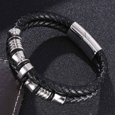 Pulsera Punk de Cuero Genuino de Doble Capa para Hombre Color Plata Amuleto Especial Brazaletes para Hombre Joyería de Moda Regalo