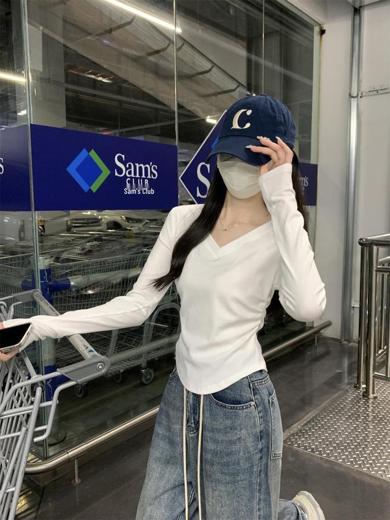 Autumn/Winter Korean Style Slim V-neck Pleated Solid Long-sleeve T-shirt