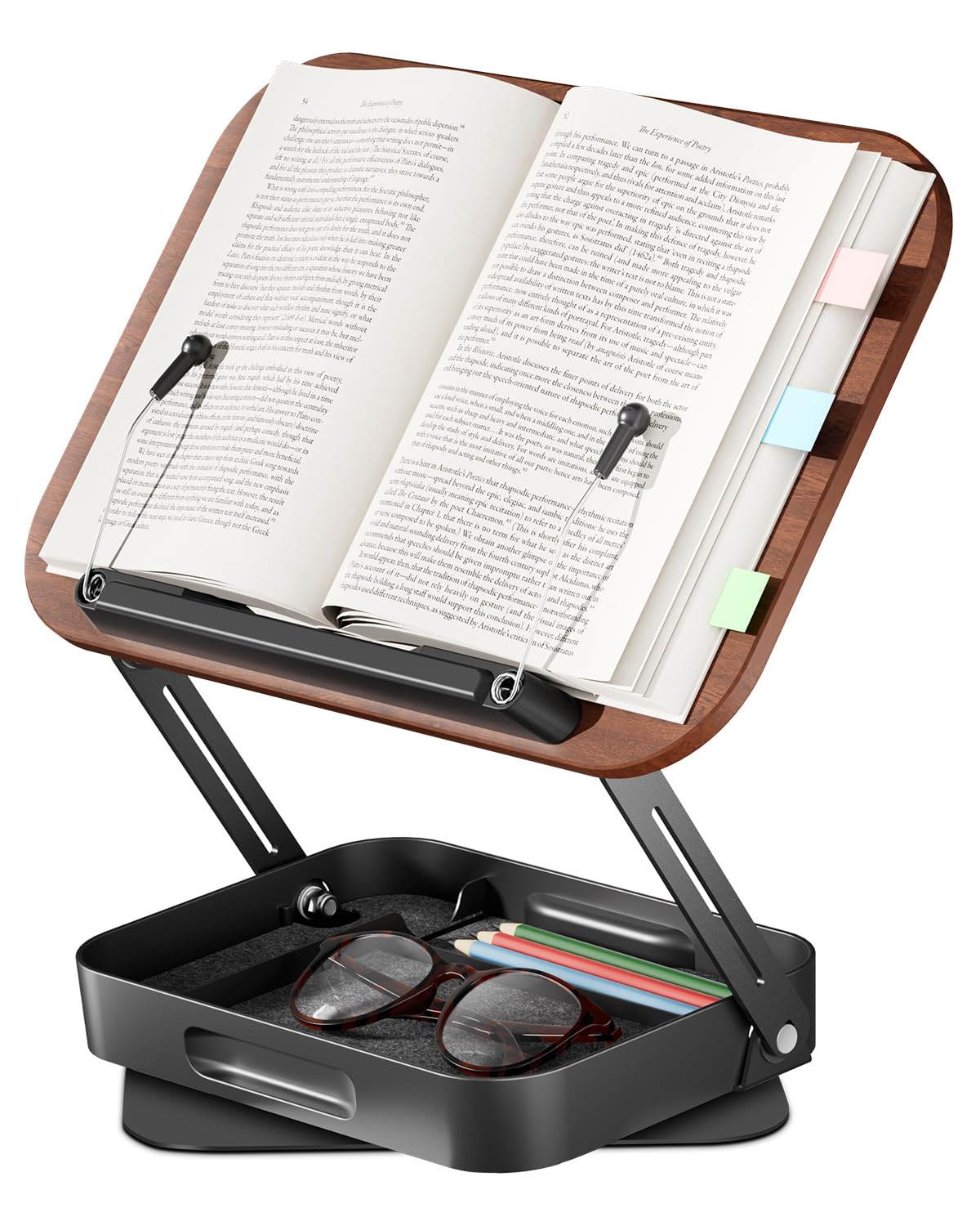 

viozon Book Desktop Music Stepless Height Metal with Small Item Storage for Wood Color Stand, Bookstand, Stand, 360-Degree Rotation, Adjustment,
