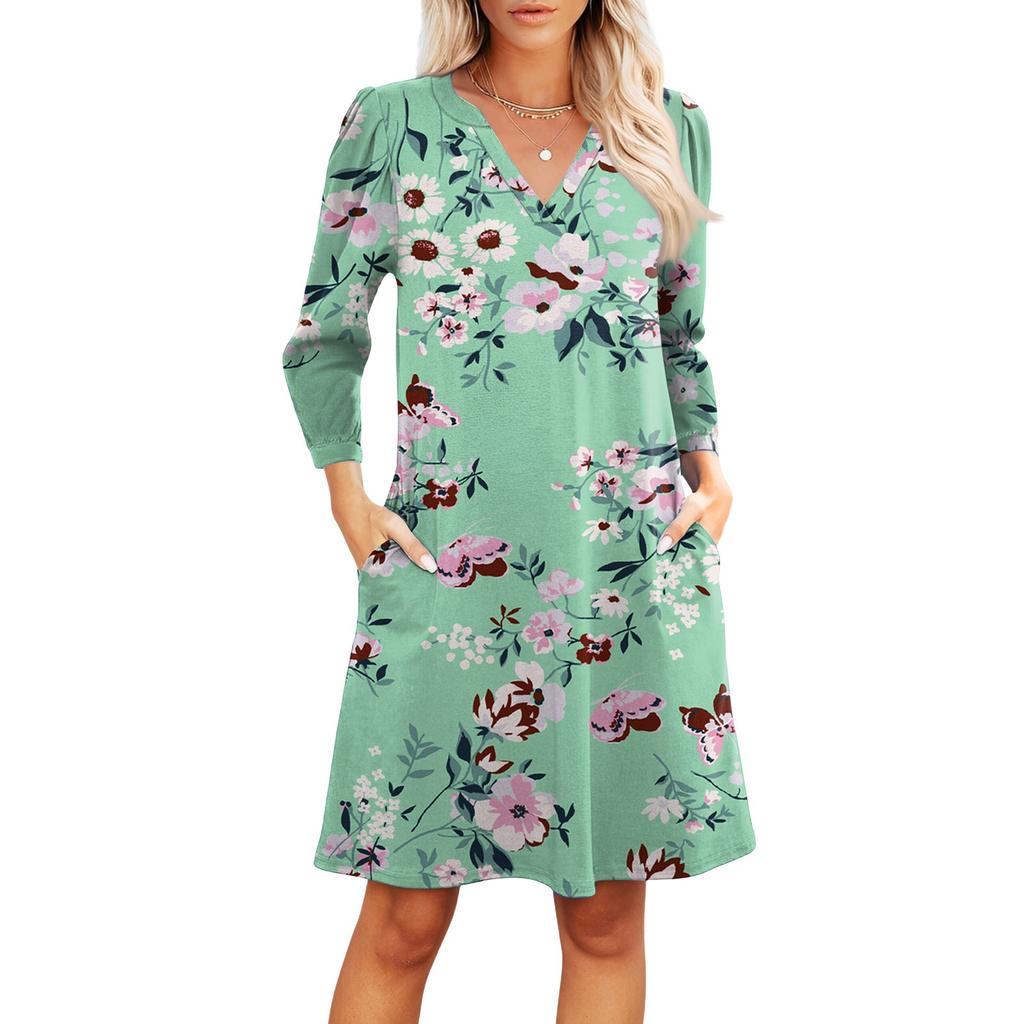 Women's Fashion V-neck Casual Beach Dress Three-quarter Sleeves Floral Print Dress