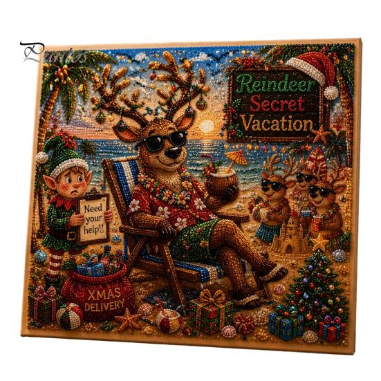 Seasonal DIY Art Supplies Xmas Faux Pearl Kit, Santa Claus Reindeer Painting Calming Hands On Hobbies Sparkling 3D Festive Wall Craft Kit for Adults,