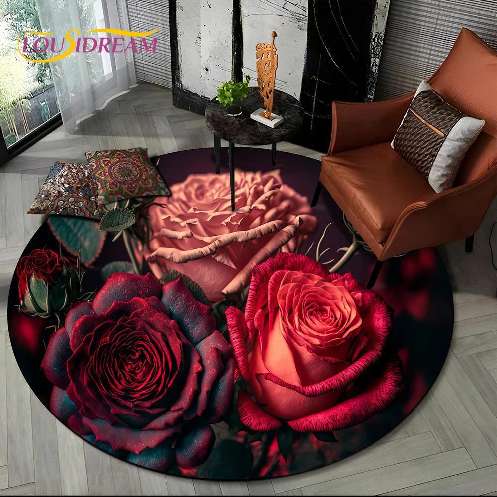Luxury Sun Flower 3D Rose Nordic Daisy Round Carpet Rug for Living Room Bedroom Sofa Decor,Kids Area Rug Non-slip Floor Mat Gift