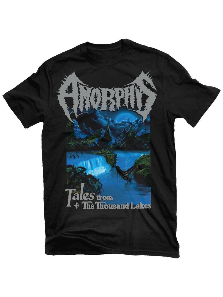 Amorphis Black Regular Fit Tshirt Story From Thousand Lakes Pattern And Text Design Metal Music Band Artwork Round Neck