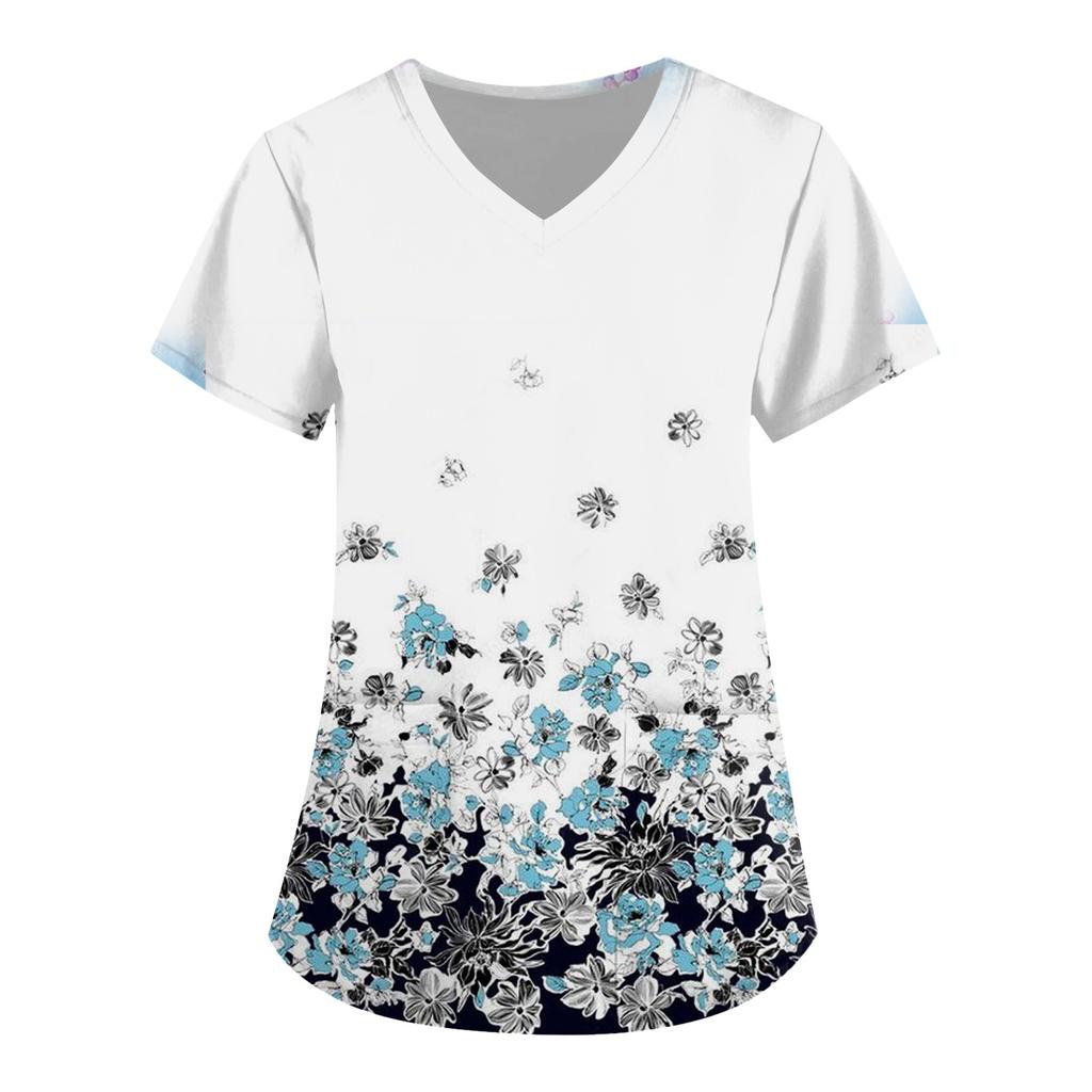 Women's Floral Printing Short Sleeve V-neck Tops Working Uniform Pocket Blouse