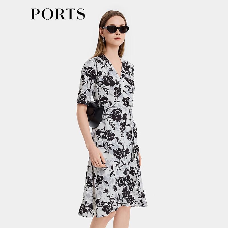 PORTS Women's Black Floral V-Neck Midi Dress