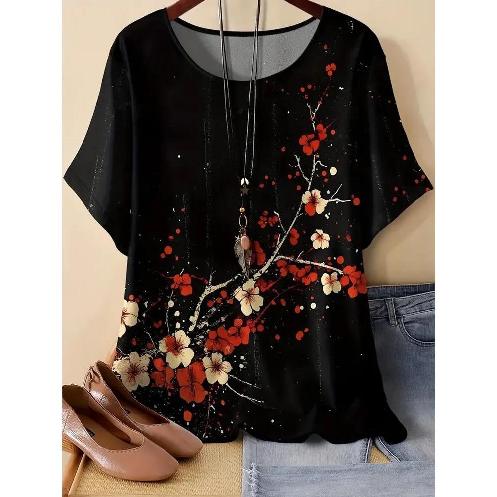 

Summer Fashion Comfortable Colorful Flower Printed Women s Casual Loose Large T-shirt 6XL