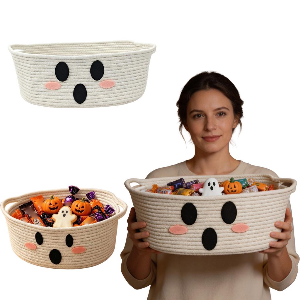 Halloween Cotton Rope Storage Basket with Handles for Candy and Snacks