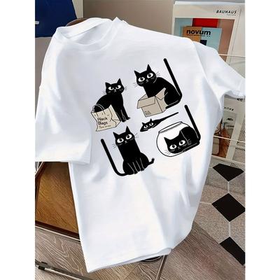European Sizes The T-shirt Features a Cute and Fashionable Design with Five Black Cats Sitting On a Shopping Bag, Cardboard Box