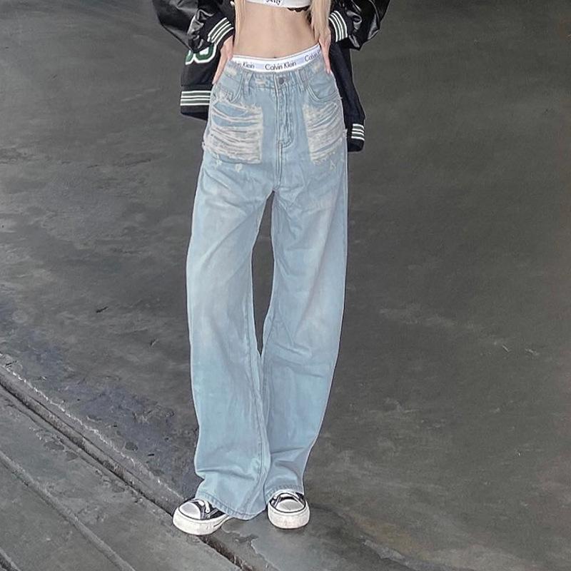 Vintage Design Sense Street Personality Solid Color Holes Casual Loose Straight Pants Low Waist Hot Girls Jeans Stitching Skinny Cool Girls Jeans