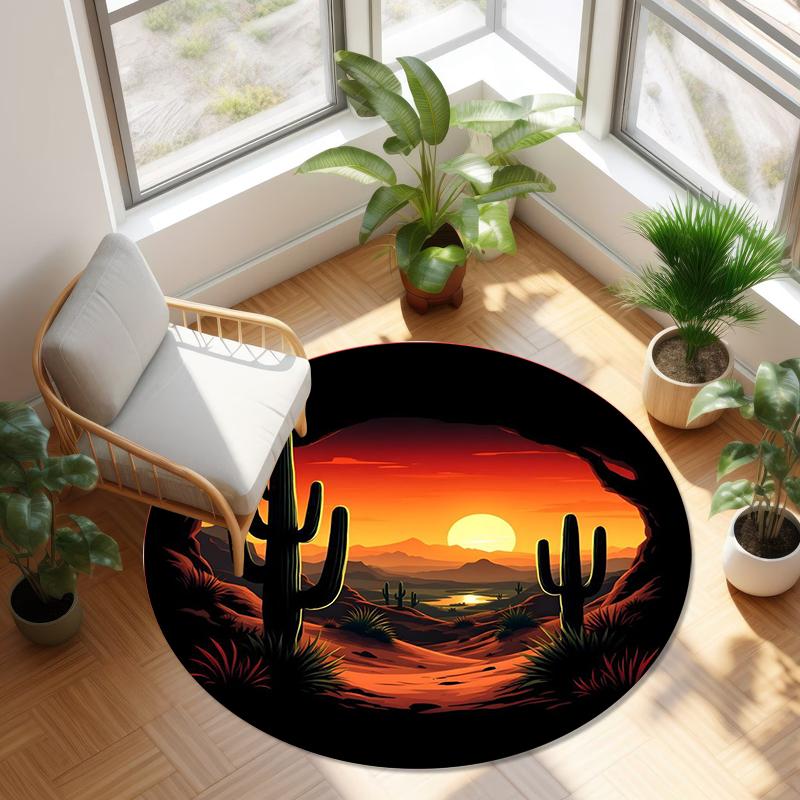 Moroccan Style Circular Carpet Desert Cactus Printed Floor Protection Mat Living Room Bedroom Kitchen Entrance Anti Slip Rug