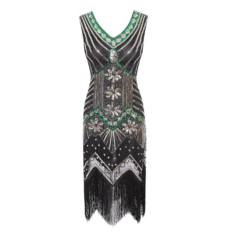 Retro Sequined Beaded Dress Front and Rear Deep V-neck Fashionable Fringed Dress, Popular Evening Dress