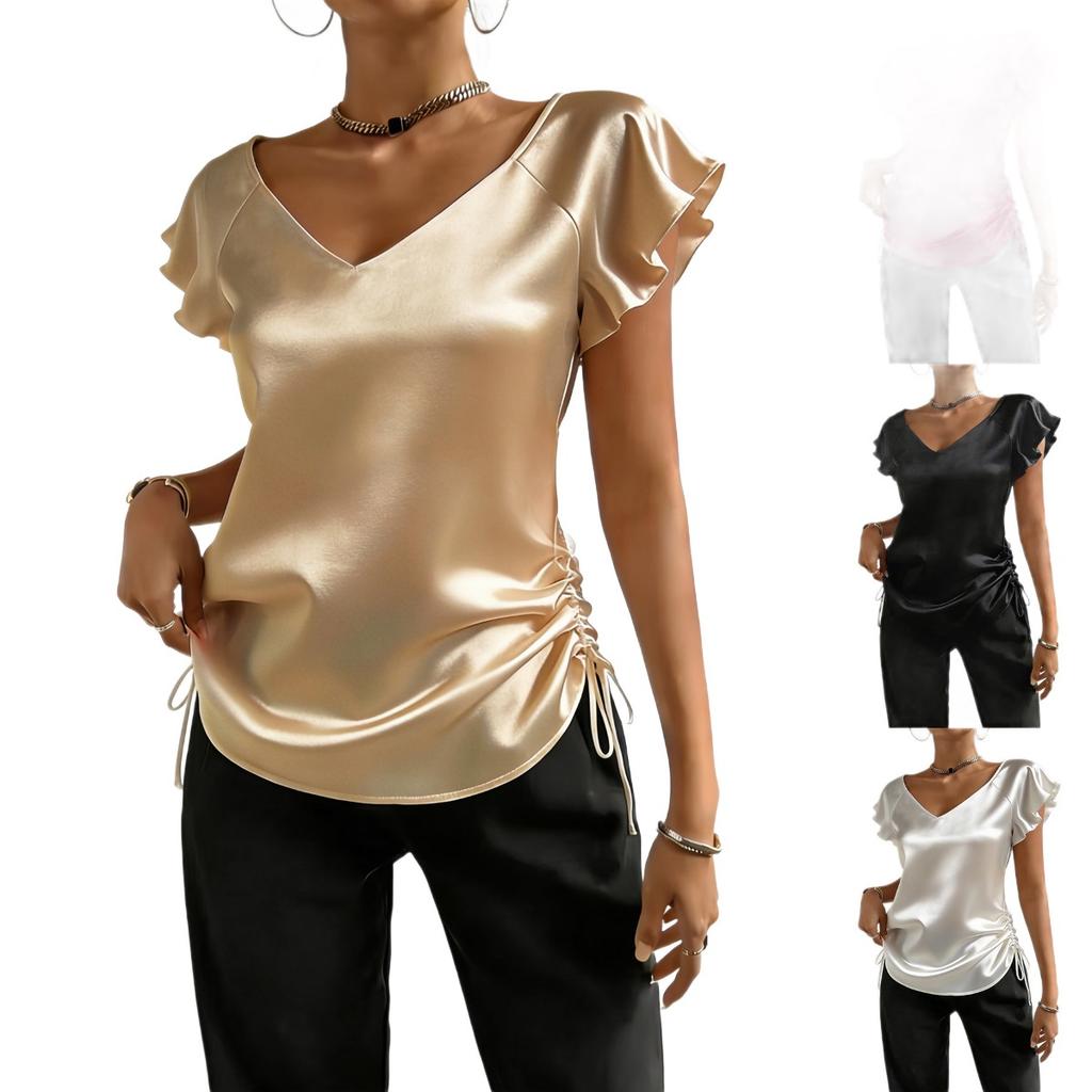 Neues Satin-V-Ausschnitt-Rüschen-Kordelzug-Oberteil im französischen Stil für Damen, Modebluse im europäischen amerikanischen Stil