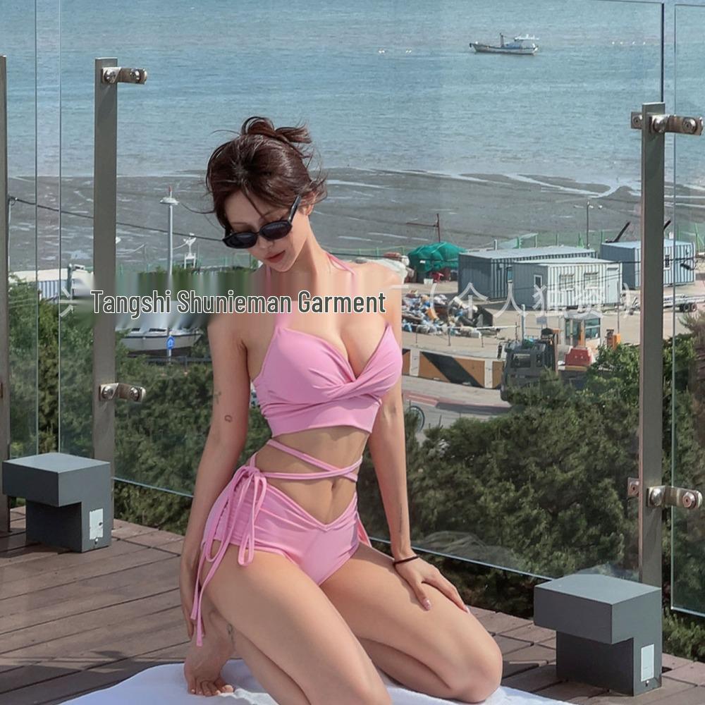 Women's High-End Ins Style Bikini: Sexy Solid Color Swimwear for Small Bust with Gathered Design, Perfect for Hot Springs