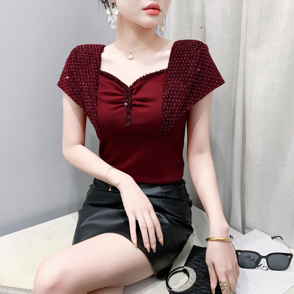 Summer Cotton Tops Streetwear Girl Sexy Square Neck Beading T-shirt Women's Shiny Diamonds Tees