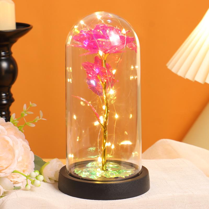 LED Luminous Glass Dome Rose with Gold Foil - Preserved Flower Gift for Wife or Girlfriend on Valentine s Day