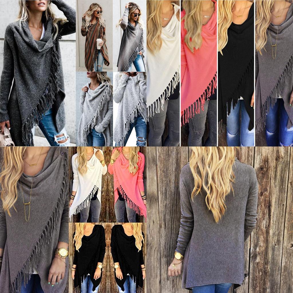 Elegante Cardigan Poncho Sciarpa da Donna con Frange Irregolari e Design Classico