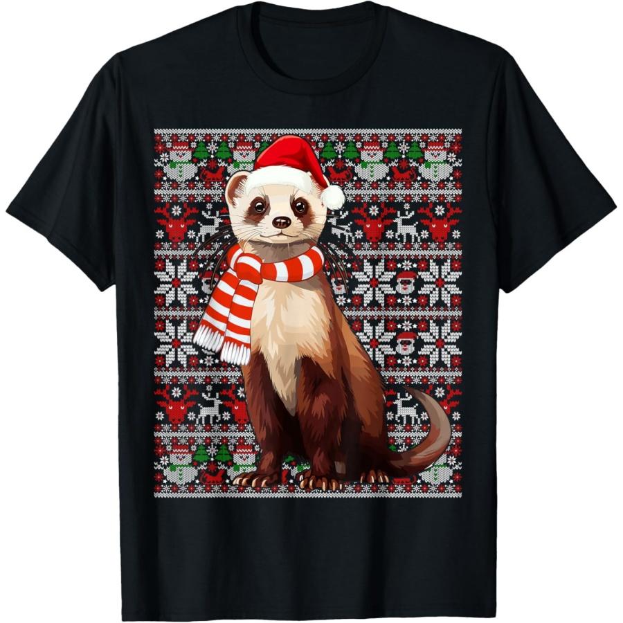 Santa Hat Ugly Sweater Men Women Kids Christmas Ferret T-Shirt