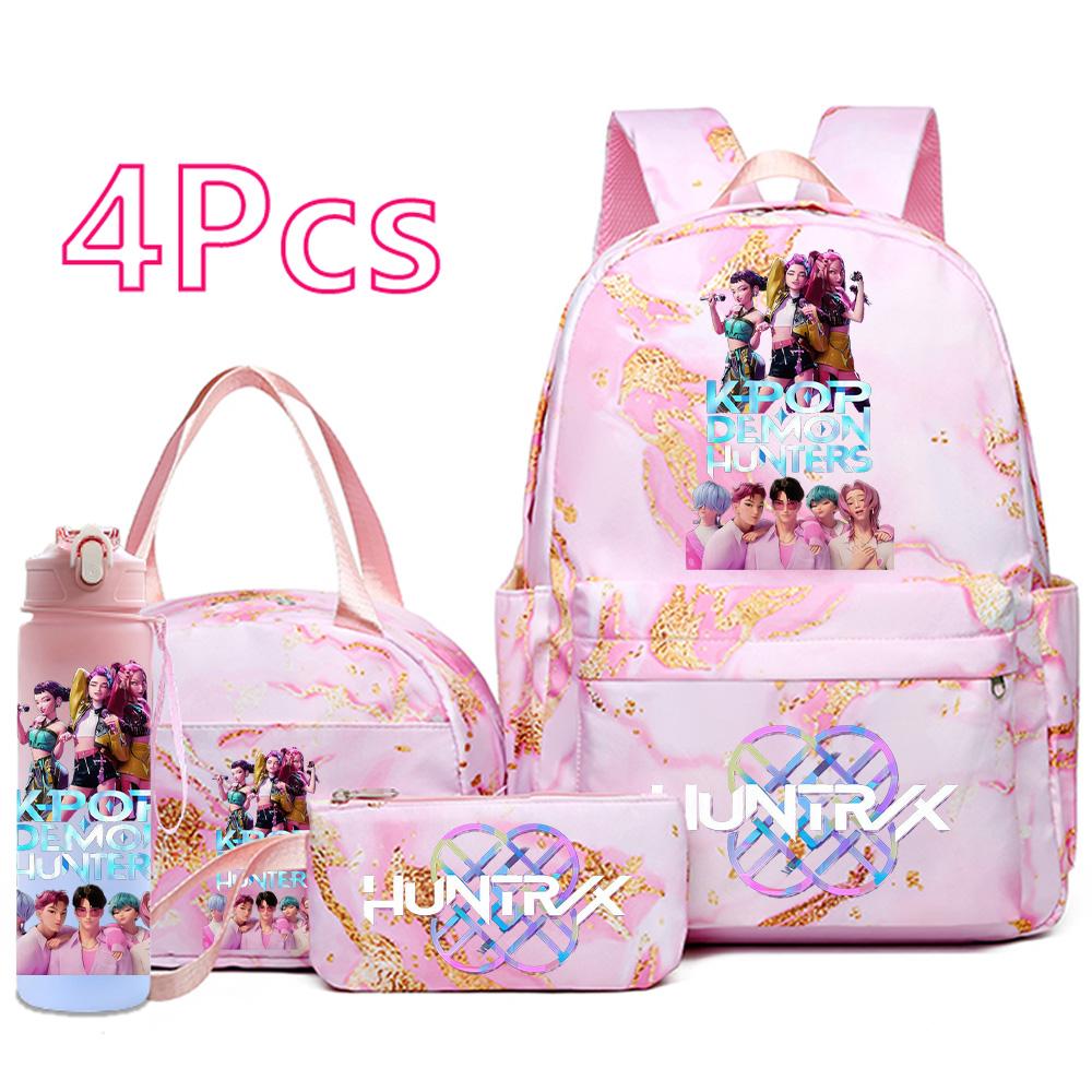 4Pcs/set Cartoon K-Pop Printed Backpack Handbag Pencil Case with 750Ml Water Bottler for Teenager Boy Girl Schoolbag Large Capacity Bookbag Mochila