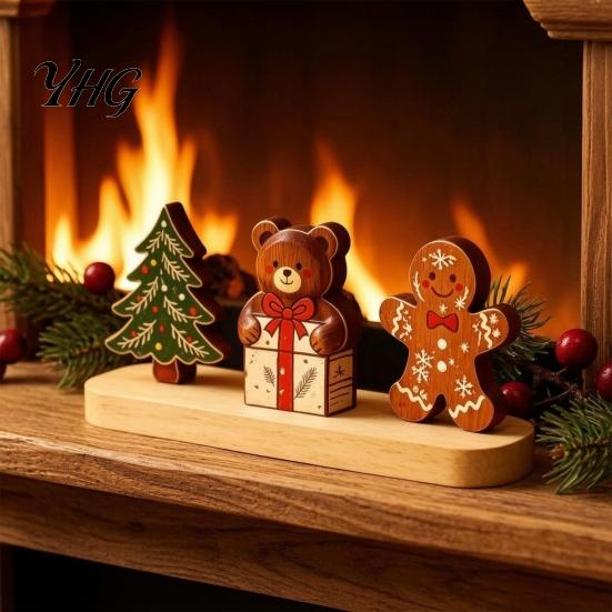 Desktop Christmas Tree Decor Wooden Ornaments, Vintage Colorful Decoration, Rustic Holiday Wood Figurines Miniature Snowman Figures with Pine