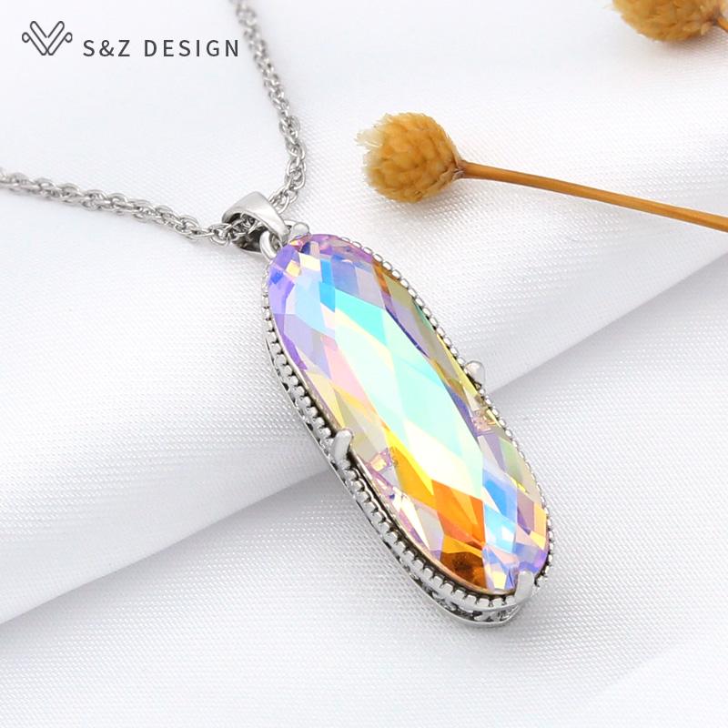 Vintage Elegant Large Oval Crystal Pendant Rose Gold Color Necklace For Women Girls Wedding Luxury Jewelry Gift