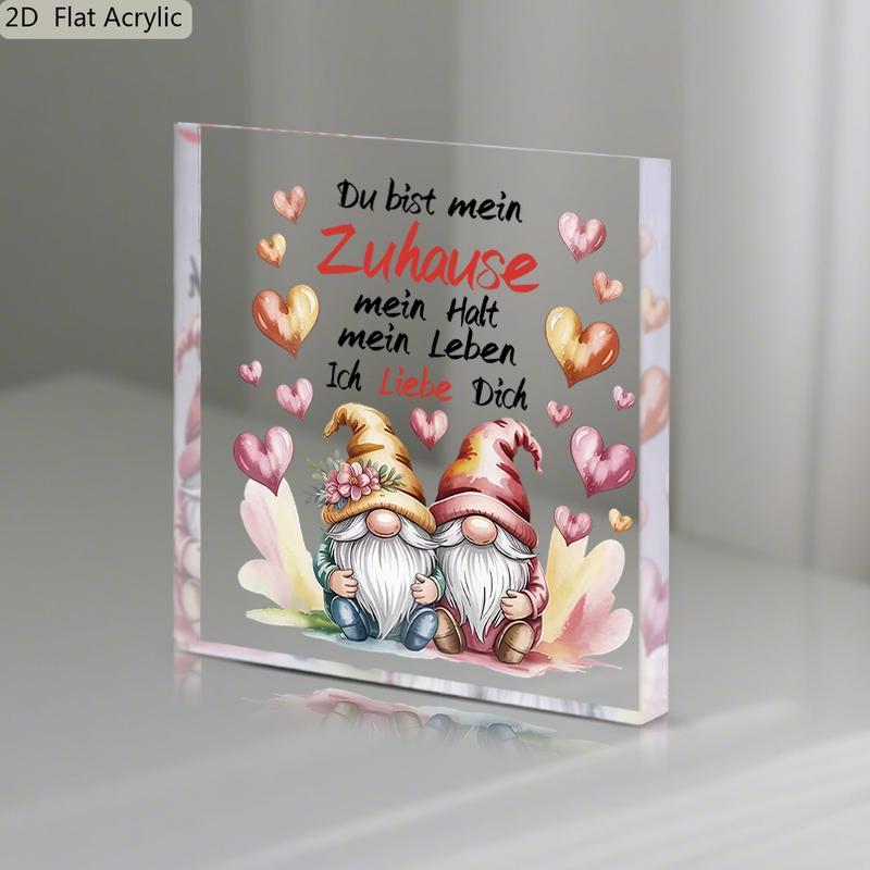 2D Flat, "Du Bist Mein" Heart-Shaped Gnome Acrylic Desktop Decoration Plaque, Suitable for wall Decoration, porch, Room, Villa, accents Home, Hallway,